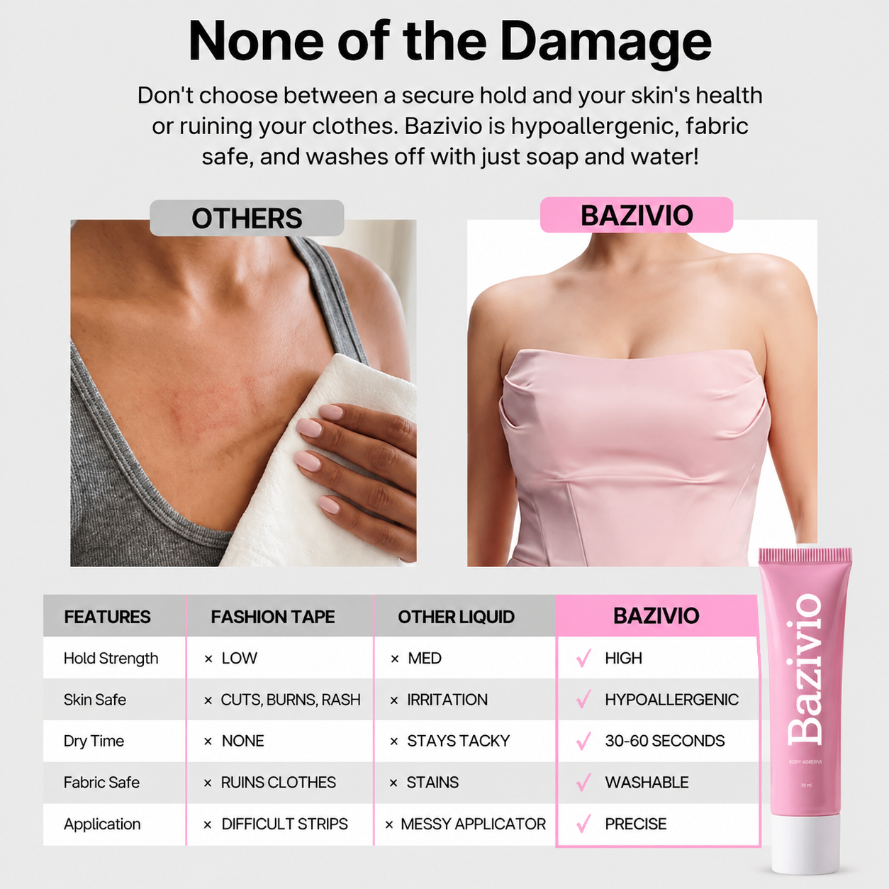 Bazivio® Professional Body Adhesive Sweat & Water Resistant Stain-Free Easy to Remove